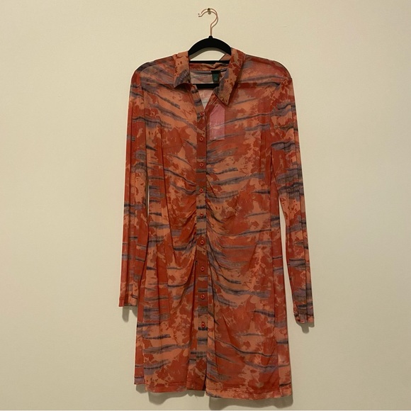 Wild Fable Small Mesh Long Sleeve Button Up Orange Tie-Dye Dress - Picture 4 of 13